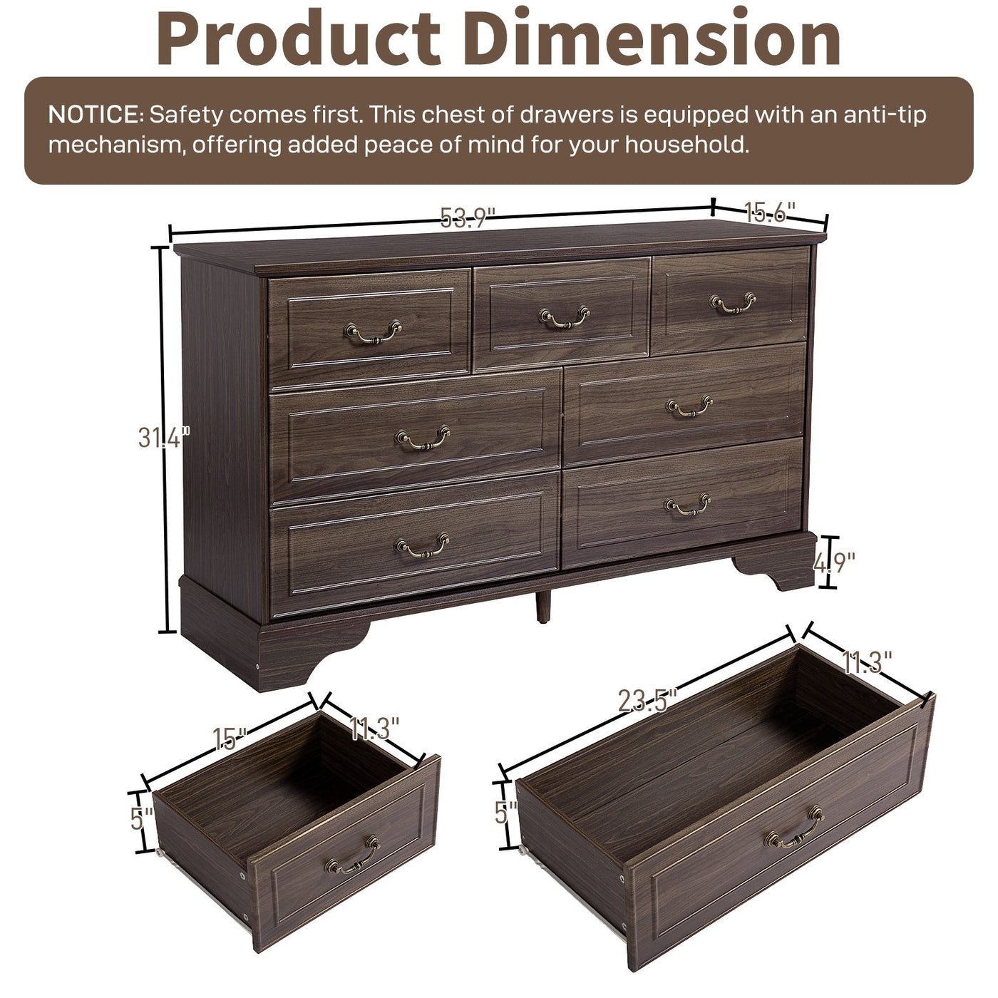 Brown P2 MDF 137x40x80CM 3 - layer 7 - drawer Chest Of Drawers 1pcs - Build a dream