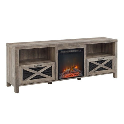 Industrial Farmhouse Metal Mesh Drop - Down X - Door Fireplace TV Stand For TVs - Grey Wash - Build a dream